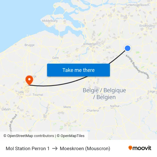 Mol Station Perron 1 to Moeskroen (Mouscron) map