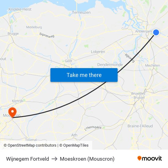 Wijnegem Fortveld to Moeskroen (Mouscron) map