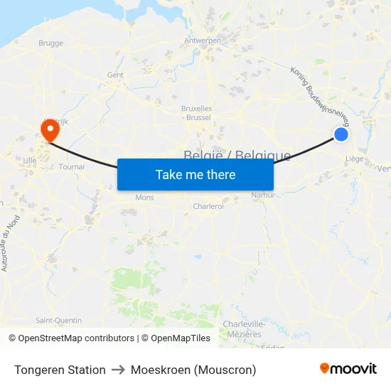 Tongeren Station to Moeskroen (Mouscron) map