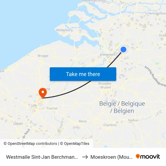 Westmalle Sint-Jan Berchmans Perron 1 to Moeskroen (Mouscron) map