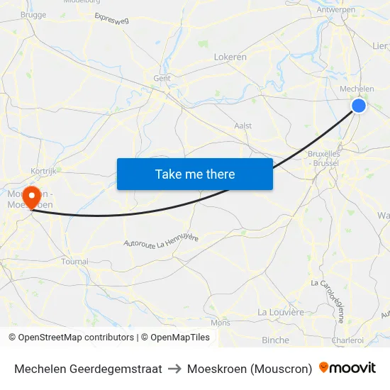 Mechelen Geerdegemstraat to Moeskroen (Mouscron) map