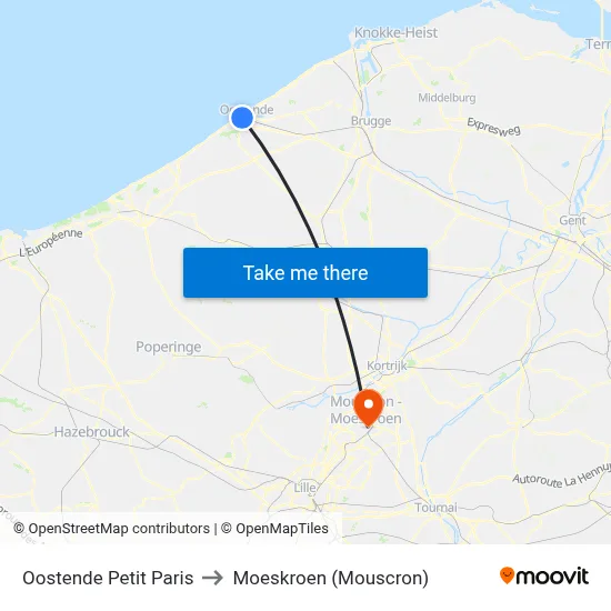 Oostende Petit Paris to Moeskroen (Mouscron) map