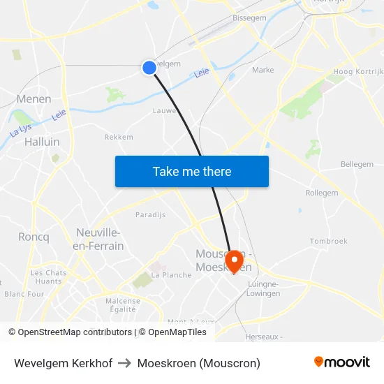 Wevelgem Kerkhof to Moeskroen (Mouscron) map