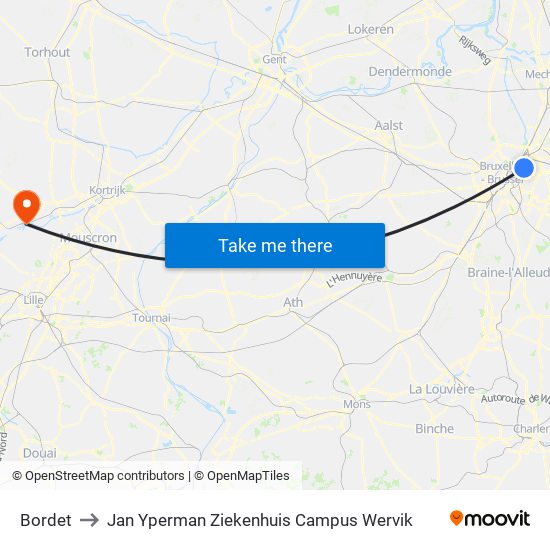 Bordet to Jan Yperman Ziekenhuis Campus Wervik map