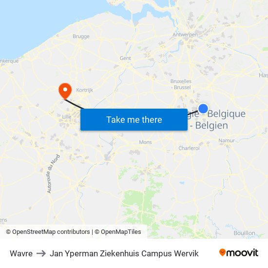 Wavre to Jan Yperman Ziekenhuis Campus Wervik map