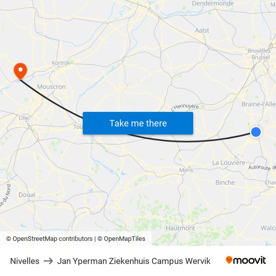 Nivelles to Jan Yperman Ziekenhuis Campus Wervik map