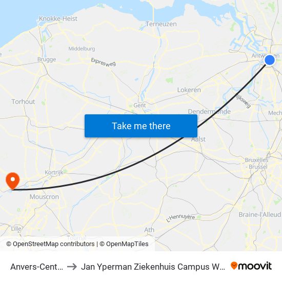 Anvers-Central to Jan Yperman Ziekenhuis Campus Wervik map