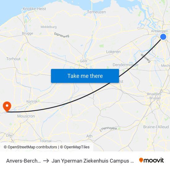 Anvers-Berchem to Jan Yperman Ziekenhuis Campus Wervik map