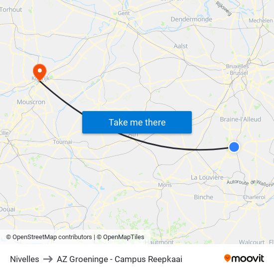 Nivelles to AZ Groeninge - Campus Reepkaai map