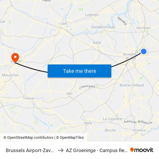 Brussels Airport-Zaventem to AZ Groeninge - Campus Reepkaai map
