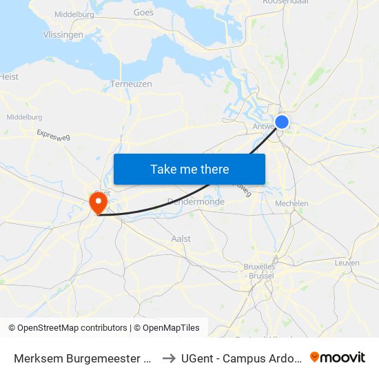 Merksem Burgemeester Nolf to UGent - Campus Ardoyen map