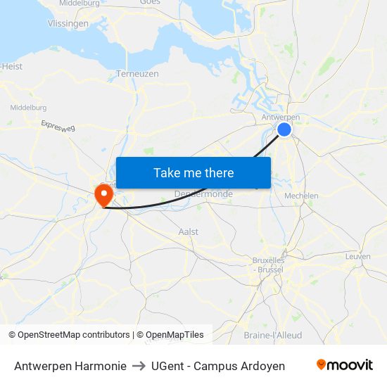 Antwerpen Harmonie to UGent - Campus Ardoyen map