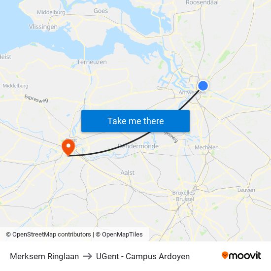 Merksem Ringlaan to UGent - Campus Ardoyen map