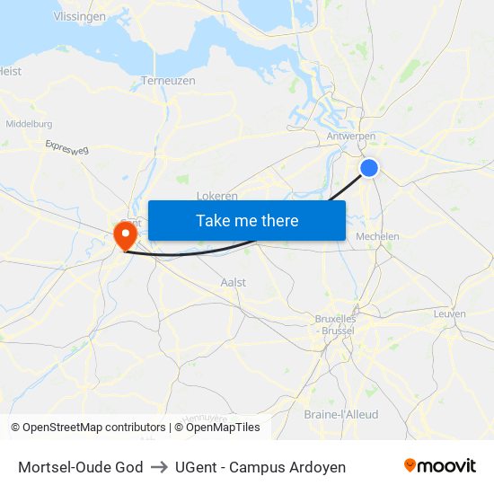 Mortsel-Oude God to UGent - Campus Ardoyen map