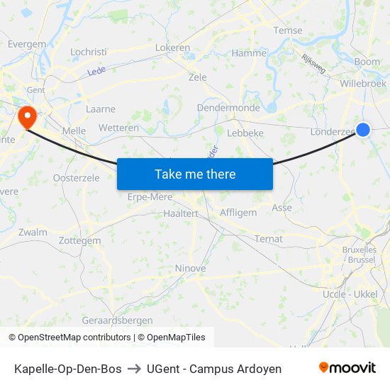 Kapelle-Op-Den-Bos to UGent - Campus Ardoyen map