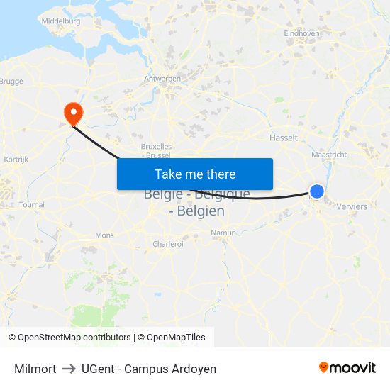 Milmort to UGent - Campus Ardoyen map