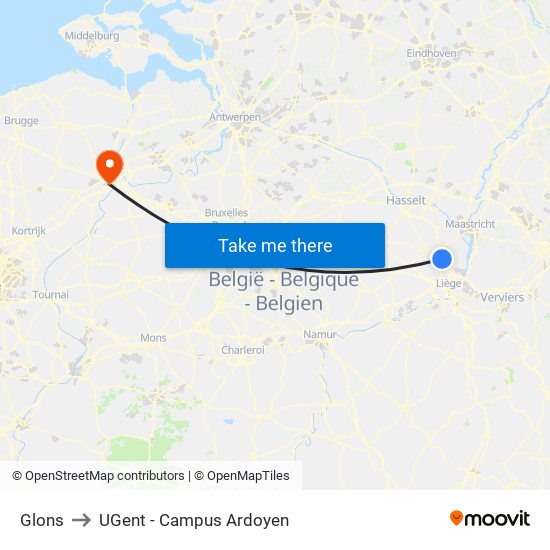 Glons to UGent - Campus Ardoyen map