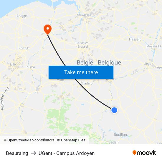 Beauraing to UGent - Campus Ardoyen map