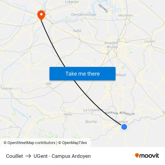 Couillet to UGent - Campus Ardoyen map