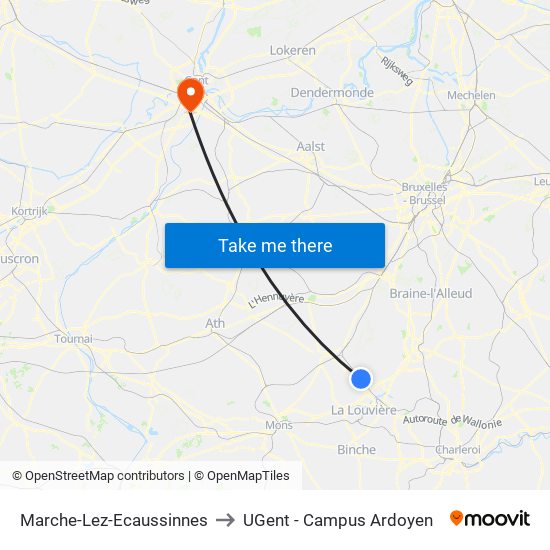Marche-Lez-Ecaussinnes to UGent - Campus Ardoyen map