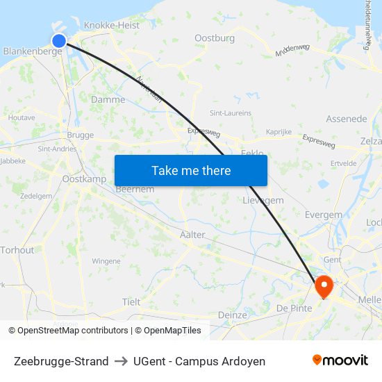 Zeebrugge-Strand to UGent - Campus Ardoyen map