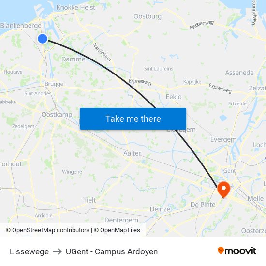 Lissewege to UGent - Campus Ardoyen map