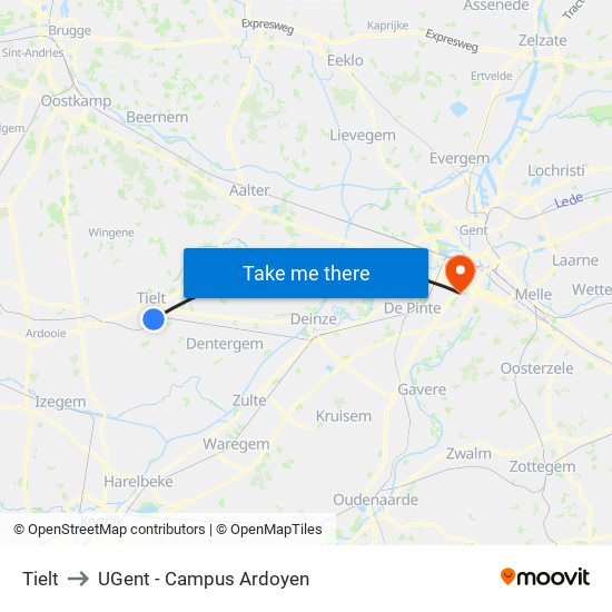 Tielt to UGent - Campus Ardoyen map