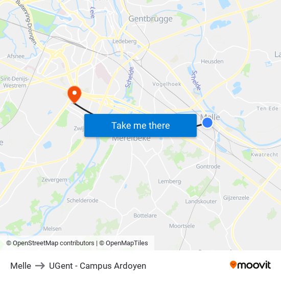 Melle to UGent - Campus Ardoyen map