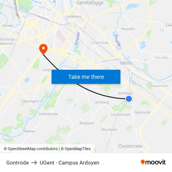 Gontrode to UGent - Campus Ardoyen map
