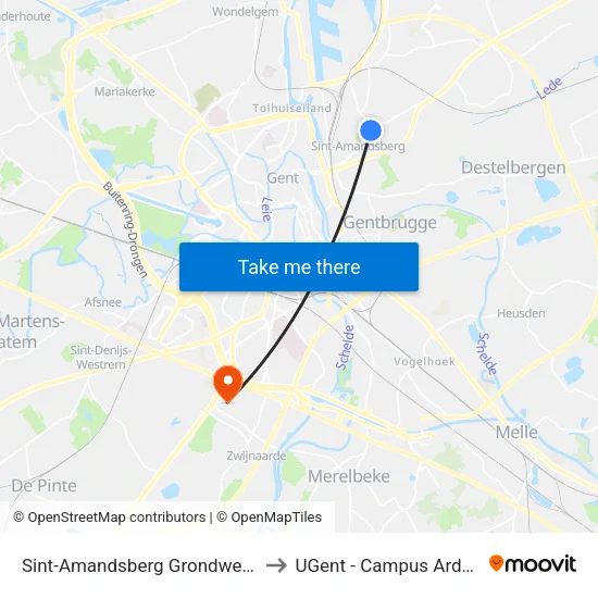 Sint-Amandsberg Grondwetlaan to UGent - Campus Ardoyen map