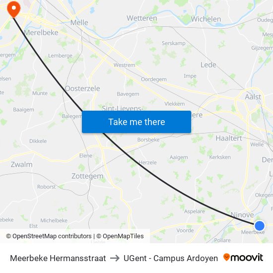 Meerbeke Hermansstraat to UGent - Campus Ardoyen map