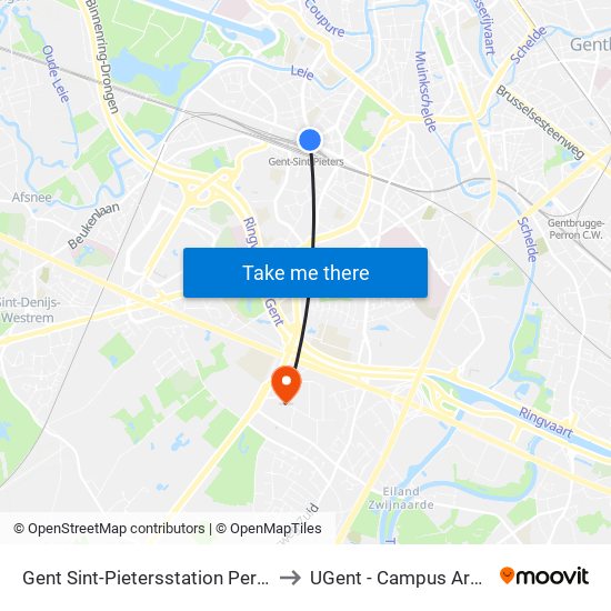 Gent Sint-Pietersstation Perron 17 to UGent - Campus Ardoyen map