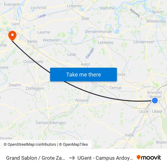 Grand Sablon / Grote Zavel to UGent - Campus Ardoyen map