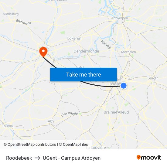 Roodebeek to UGent - Campus Ardoyen map