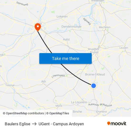 Baulers Eglise to UGent - Campus Ardoyen map