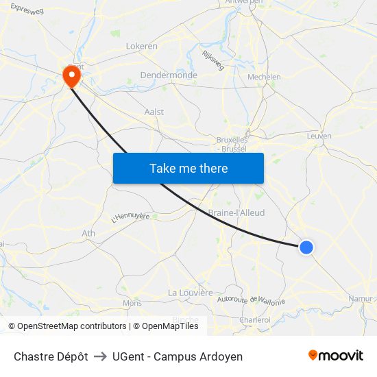 Chastre Dépôt to UGent - Campus Ardoyen map