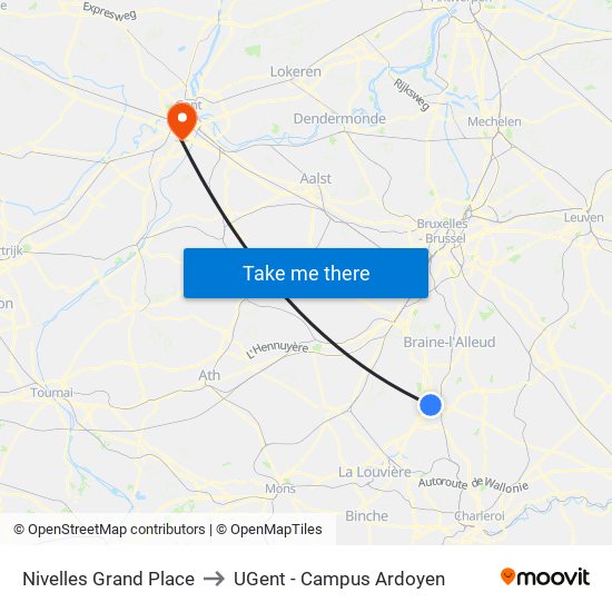 Nivelles Grand Place to UGent - Campus Ardoyen map