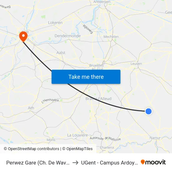 Perwez Gare (Ch. De Wavre) to UGent - Campus Ardoyen map