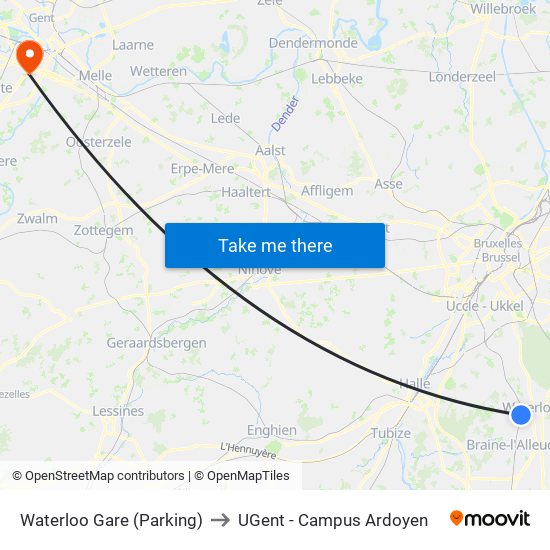 Waterloo Gare (Parking) to UGent - Campus Ardoyen map