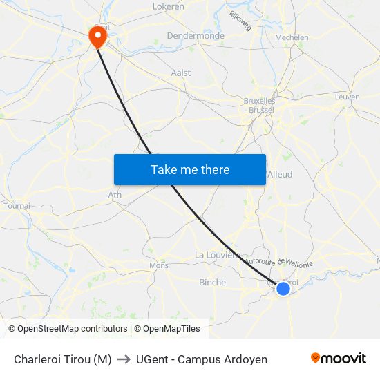 Charleroi Tirou (M) to UGent - Campus Ardoyen map
