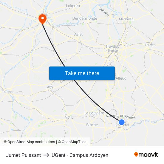 Jumet Puissant to UGent - Campus Ardoyen map