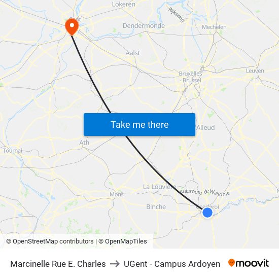 Marcinelle Rue E. Charles to UGent - Campus Ardoyen map