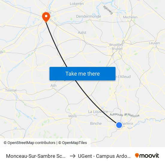 Monceau-Sur-Sambre Scapé to UGent - Campus Ardoyen map