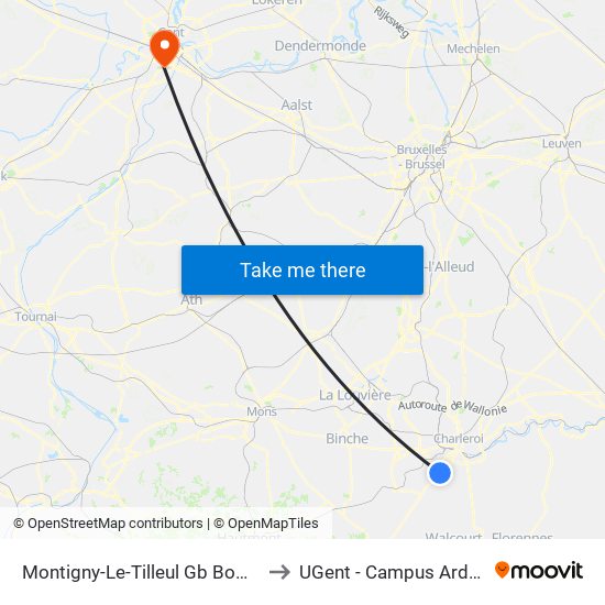 Montigny-Le-Tilleul Gb Bomerée to UGent - Campus Ardoyen map