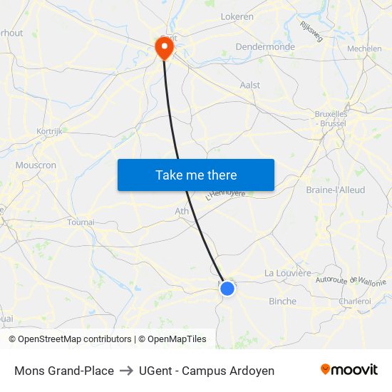 Mons Grand-Place to UGent - Campus Ardoyen map