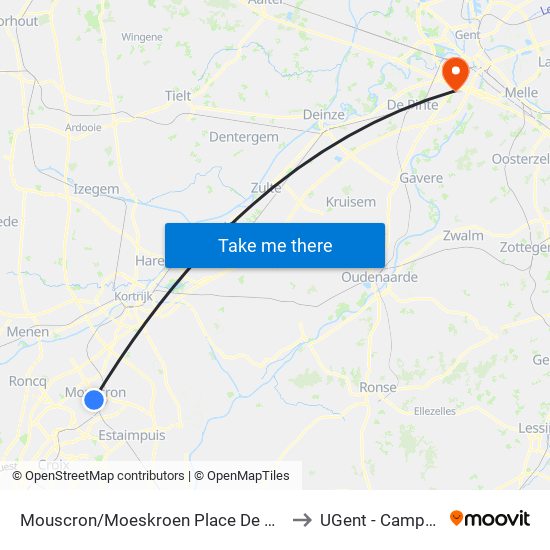 Mouscron/Moeskroen Place De Picardie/Picardieplein to UGent - Campus Ardoyen map