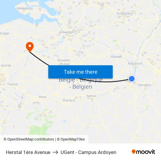 Herstal 1ère Avenue to UGent - Campus Ardoyen map