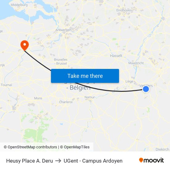 Heusy Place A. Deru to UGent - Campus Ardoyen map