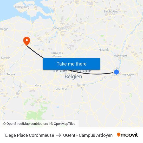 Liege Place Coronmeuse to UGent - Campus Ardoyen map