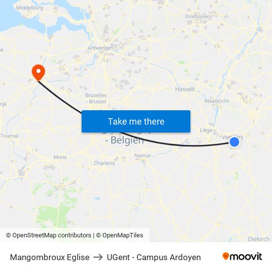 Mangombroux Eglise to UGent - Campus Ardoyen map